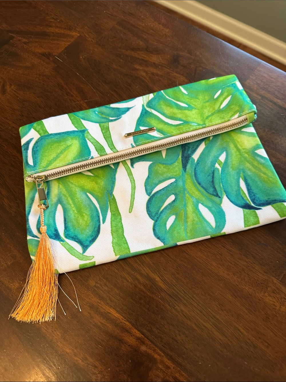 Pura Vida Green Leaf Canvas Clutch with Orange Tassel